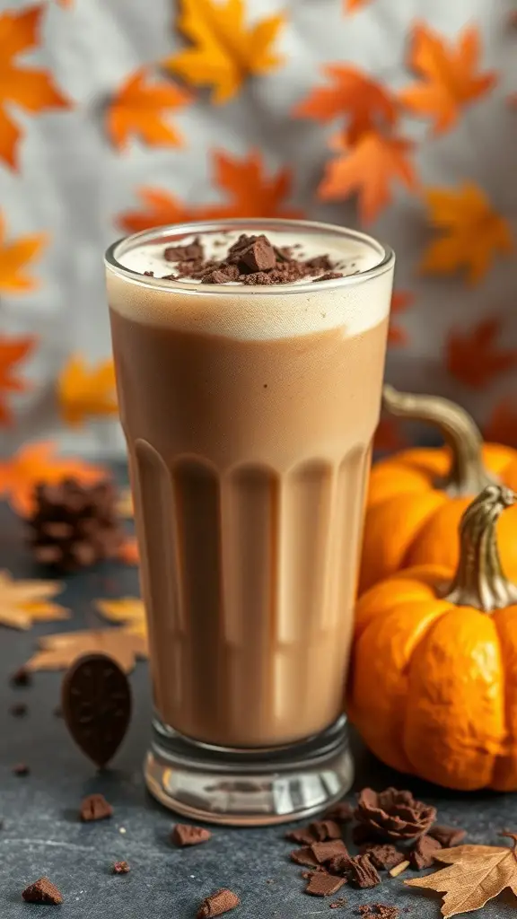 A glass of Chocolate Pumpkin Spice Cold Brew topped with whipped cream and chocolate shavings, surrounded by autumn leaves and pumpkins.
