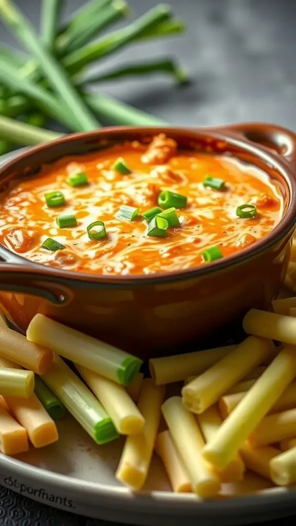 A bowl of Tangy Buffalo Chicken Dip with green onions on top, surrounded by various dippers.