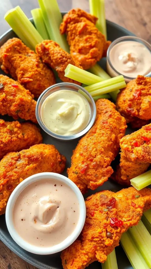 A plate of spicy chicken tenders with dipping sauces and celery sticks