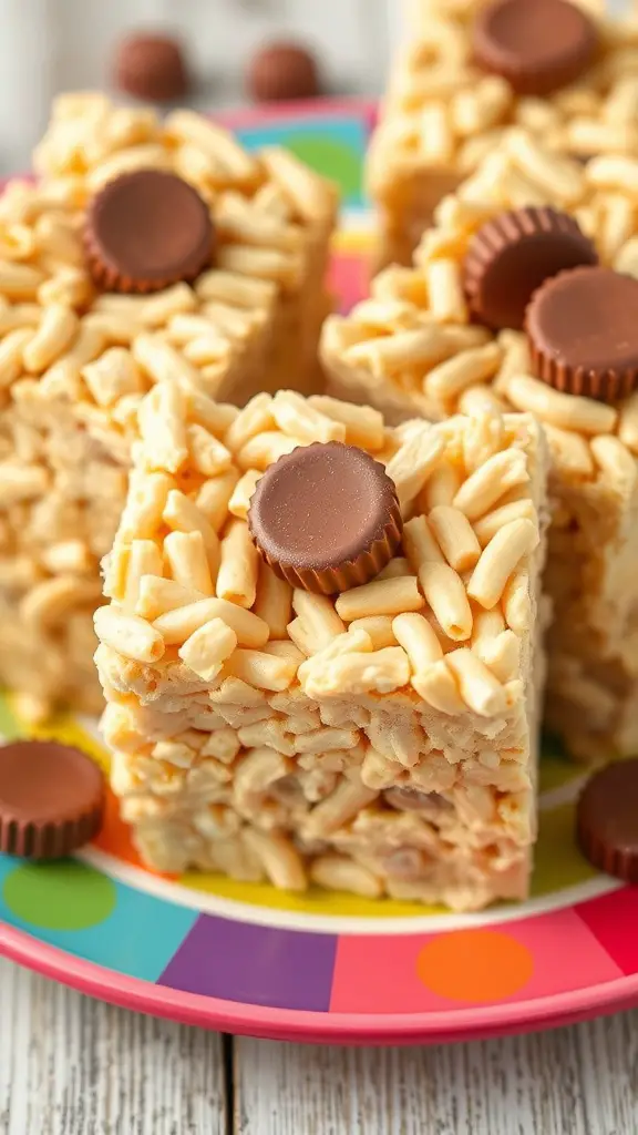 Peanut Butter Cup Rice Krispie Treats on a colorful plate