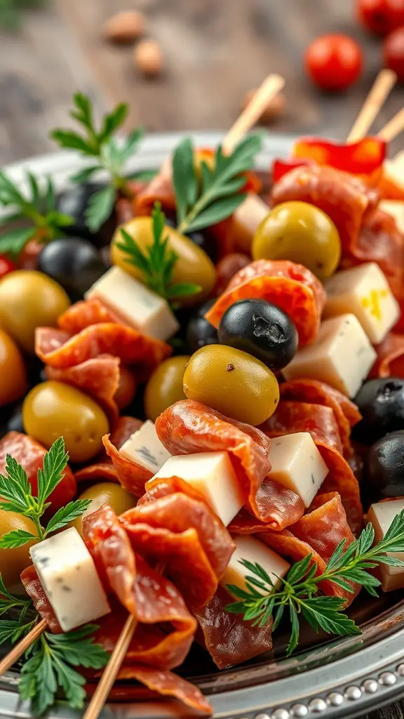 A platter of antipasto skewers featuring olives, salami, and cheese.