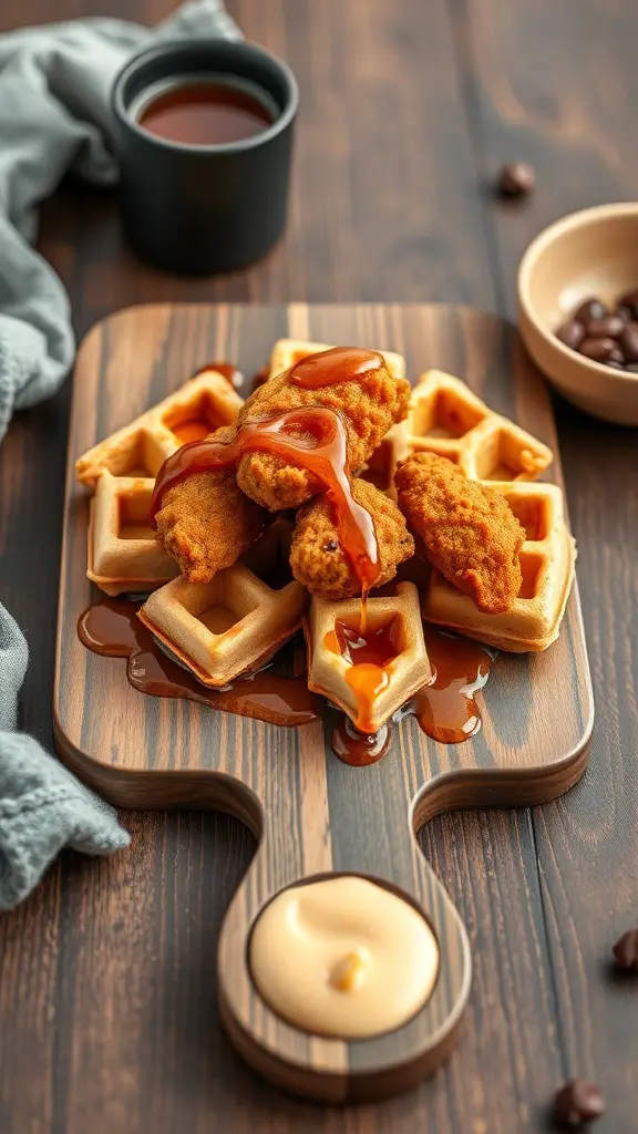 Mini chicken and waffles served on a wooden platter with syrup