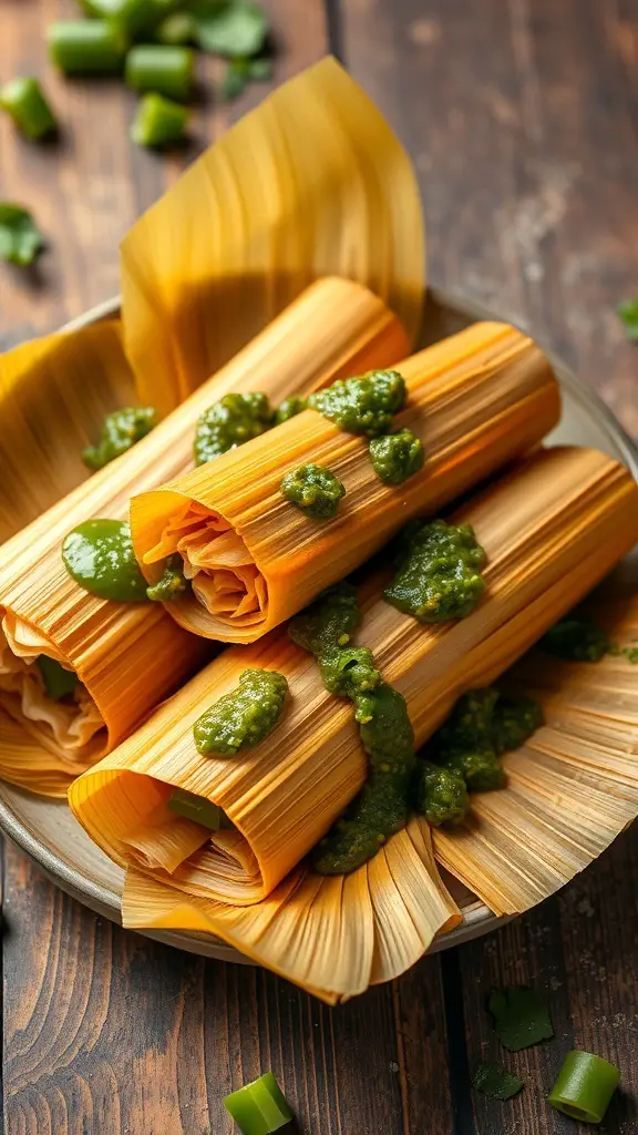 Plate of vegetable tamales topped with green sauce