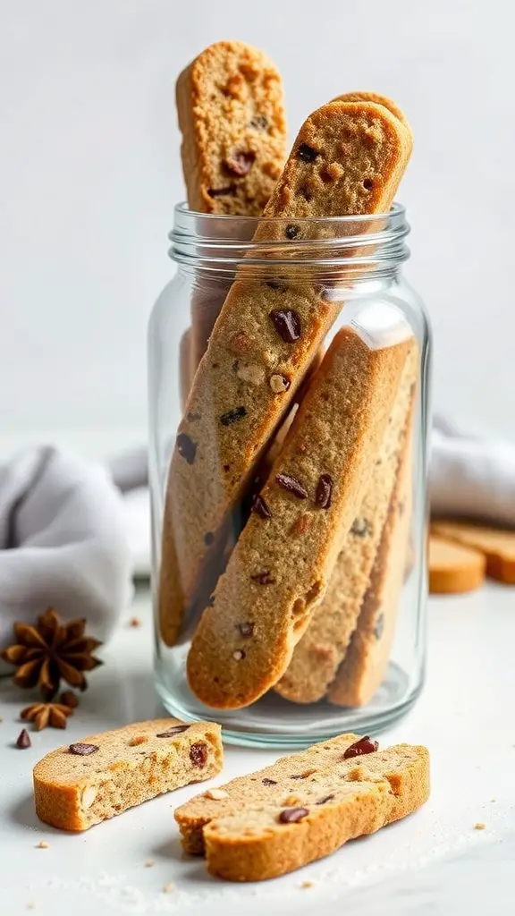 A jar filled with nutmeg and ginger biscotti, with some pieces on the table, showcasing their golden-brown color and crunchy texture.