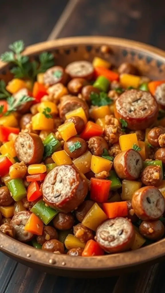 A bowl of spicy jambalaya with Andouille sausage, colorful bell peppers, and fresh herbs.