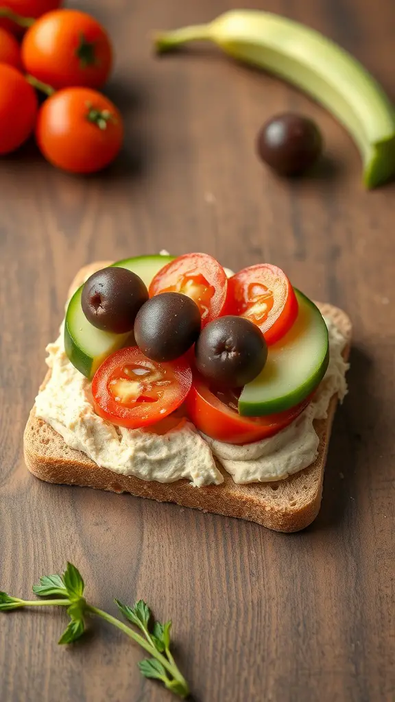 A toasted English muffin topped with hummus, sliced tomatoes, cucumbers, and olives, with a banana and cherry tomatoes in the background.