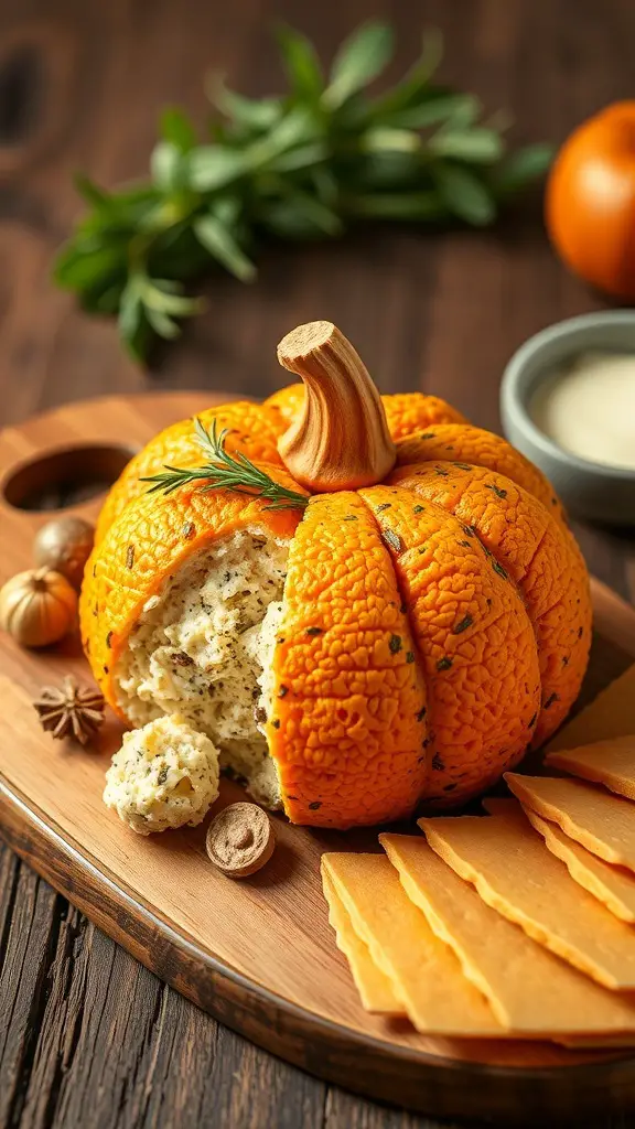A pumpkin-shaped cheese ball on a wooden platter with cheese slices and nuts.