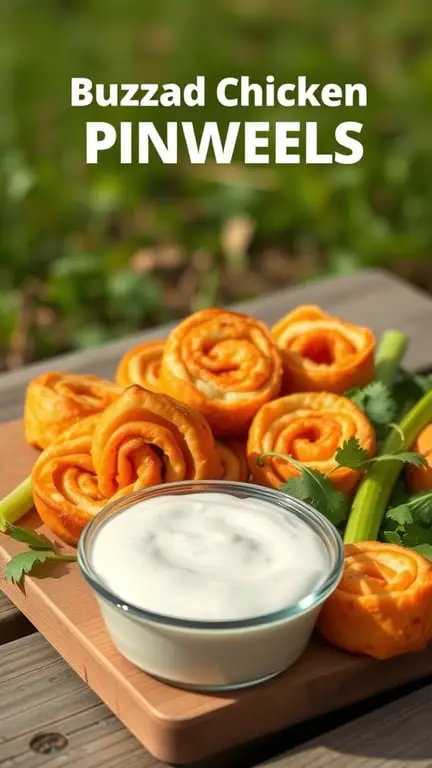 Buffalo chicken pinwheels with ranch dressing and celery sticks