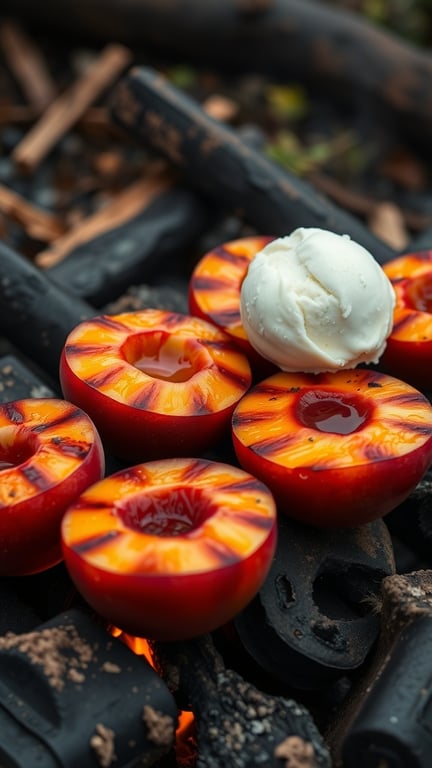 Grilled peaches on coals with a scoop of ice cream on top
