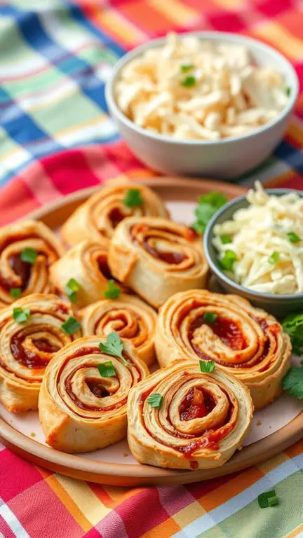 A plate of BBQ Chicken Pinwheels garnished with green onions, alongside bowls of shredded cheese.