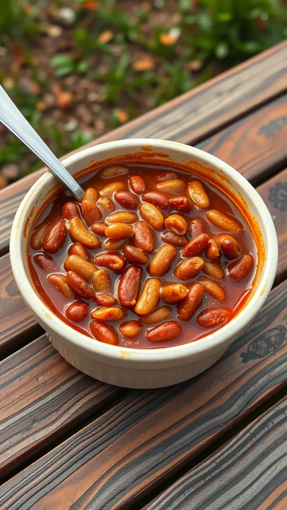 A bowl of tangy BBQ baked beans on a wooden table.