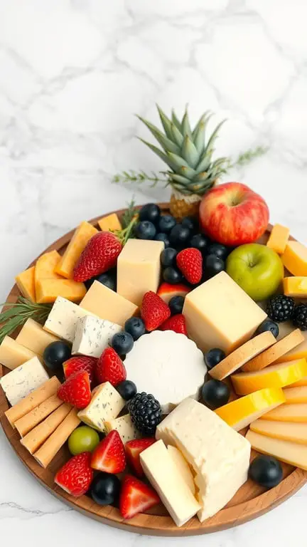A colorful fruit and cheese platter featuring strawberries, blueberries, blackberries, various cheeses, and a pineapple.