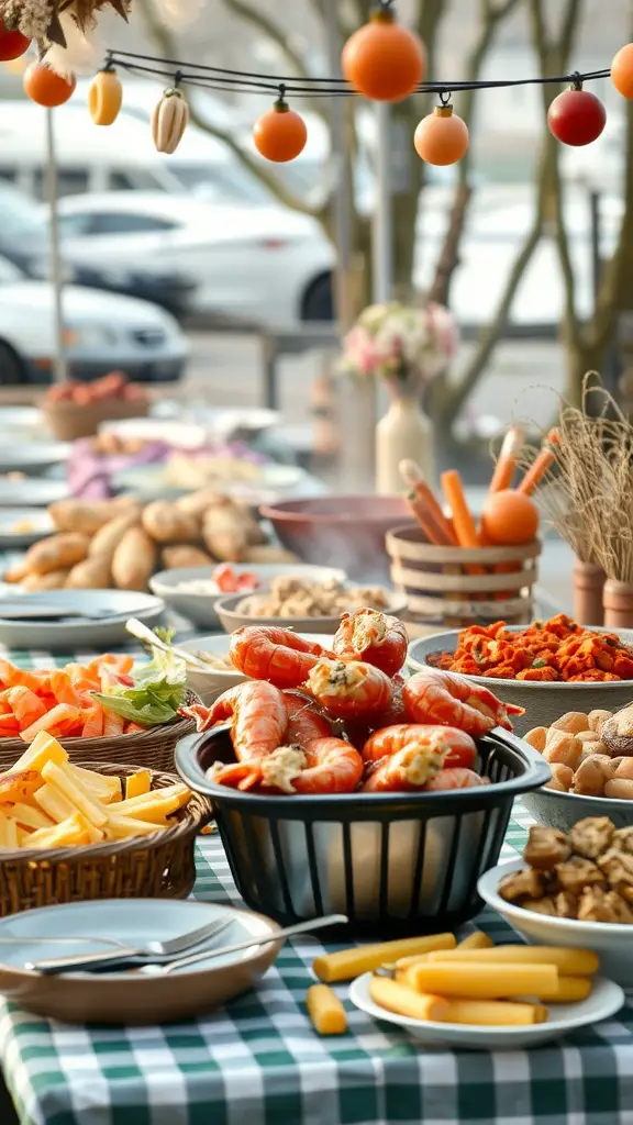 A beautifully arranged seafood boil party setup with various dishes and decorations.