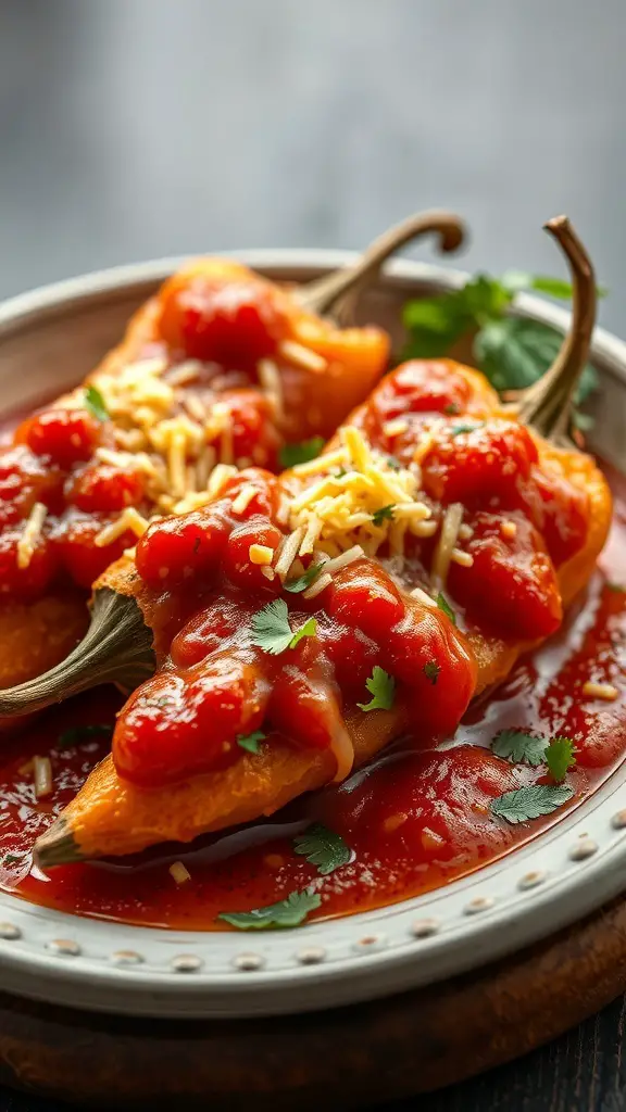 Chili Rellenos topped with tomato sauce and cheese, garnished with cilantro.