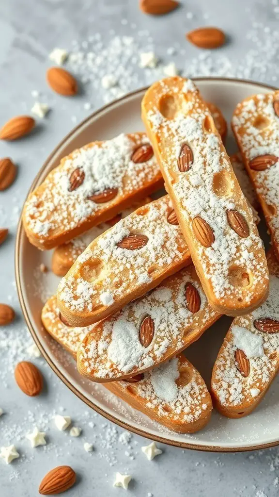 A plate of classic Italian biscotti with almonds, dusted with powdered sugar