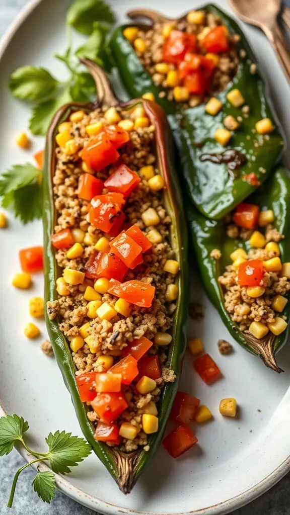 Stuffed poblano peppers filled with a mixture of corn, tomatoes, and other ingredients, garnished with fresh herbs.