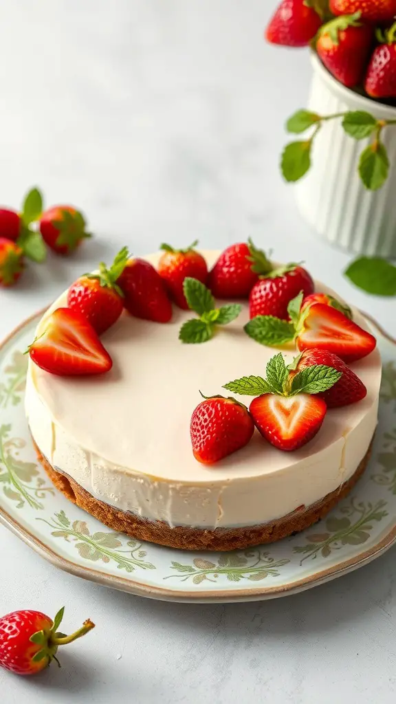 A classic vanilla no bake cheesecake topped with fresh strawberries and mint leaves on a decorative plate.