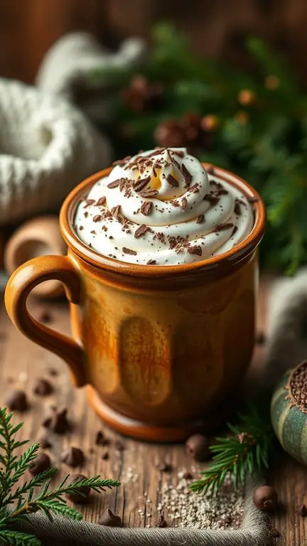 A warm cup of matcha hot chocolate topped with whipped cream and chocolate shavings, surrounded by festive decorations.