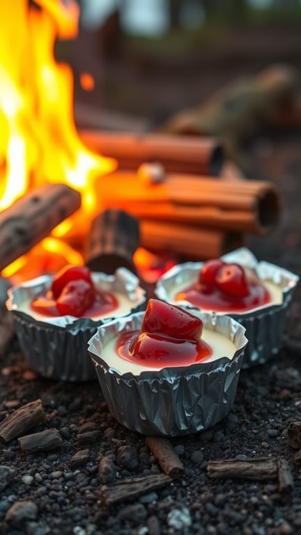 Campfire cheesecake bites with cherry topping near a campfire