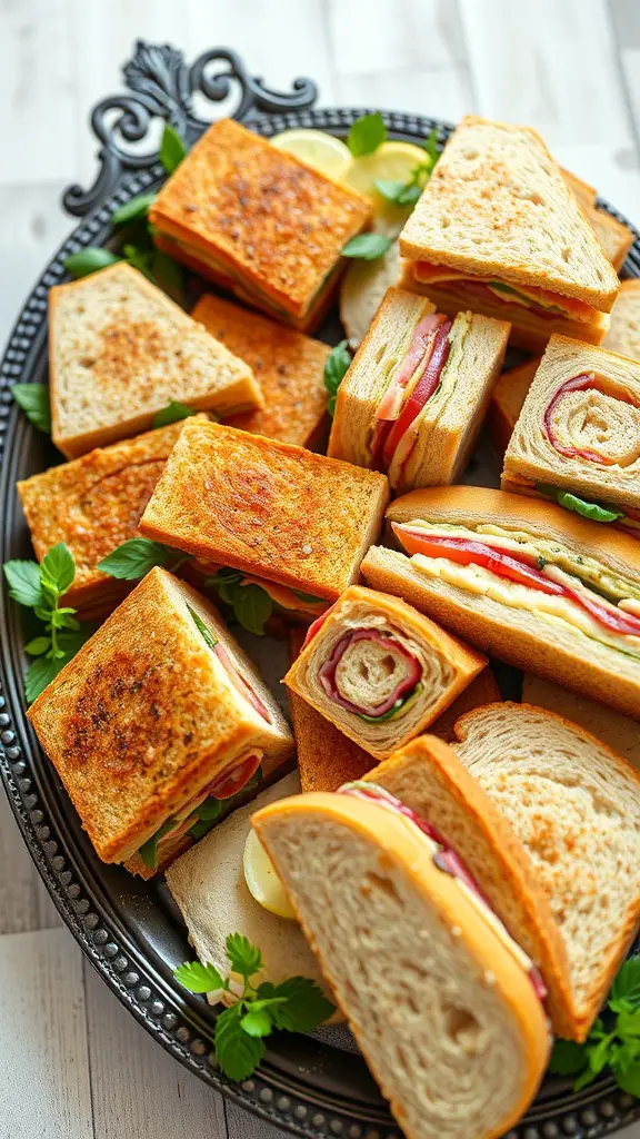 A gourmet sandwich platter featuring assorted sandwiches with various fillings on a decorative tray.