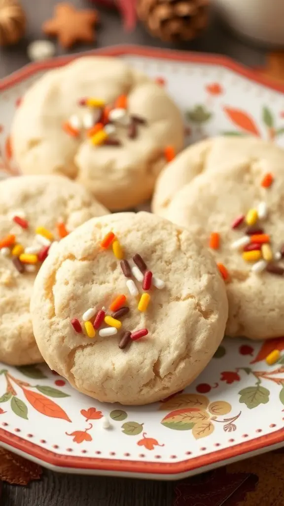 A plate of vanilla bean sugar cookies decorated with colorful sprinkles, surrounded by autumn-themed decorations.