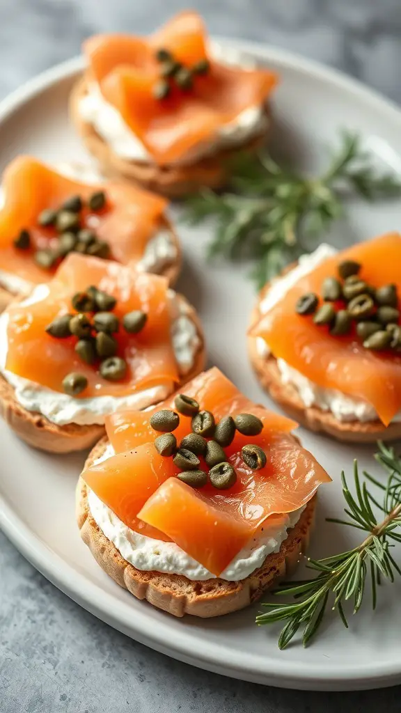 Toasted English muffins topped with cream cheese, smoked salmon, and capers on a plate.
