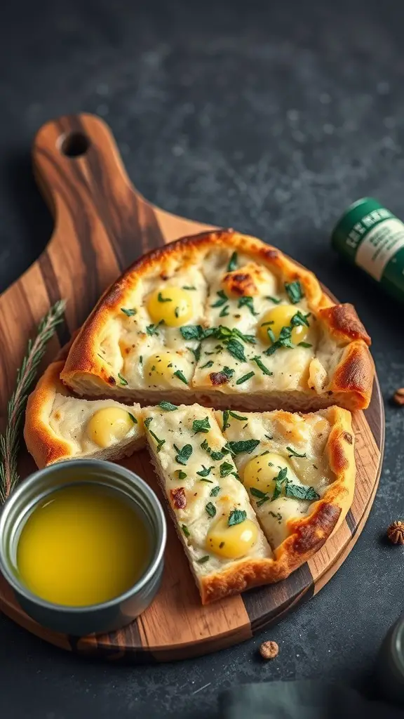 A freshly baked roasted garlic and herb flatbread on a wooden board, with egg yolks and herbs on top, accompanied by a small bowl of olive oil.