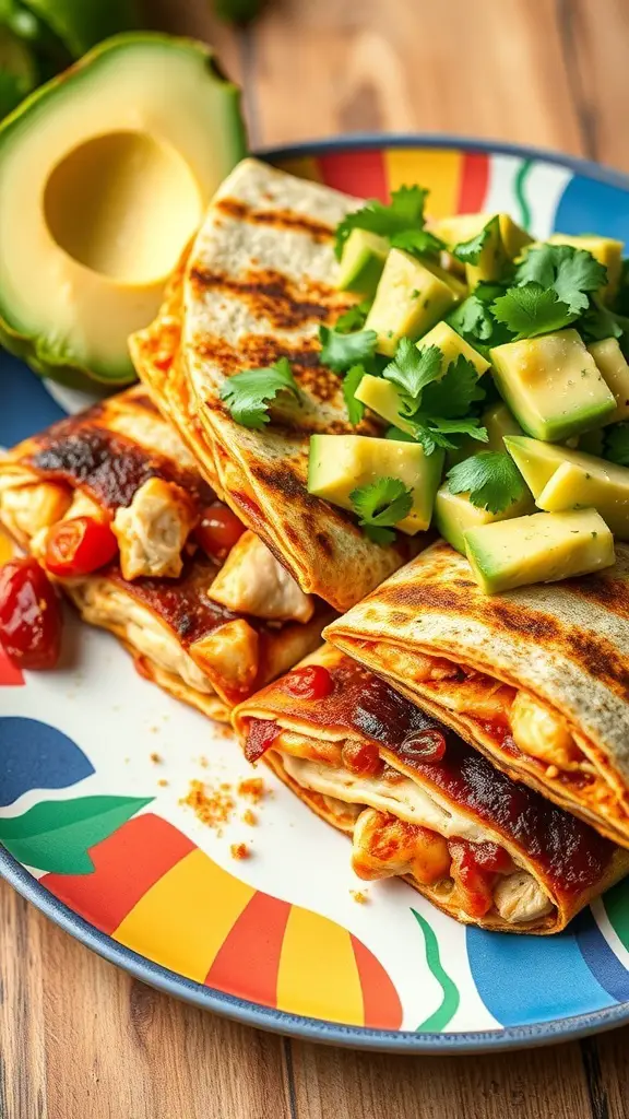 BBQ chicken quesadillas served with avocado salsa on a colorful plate.