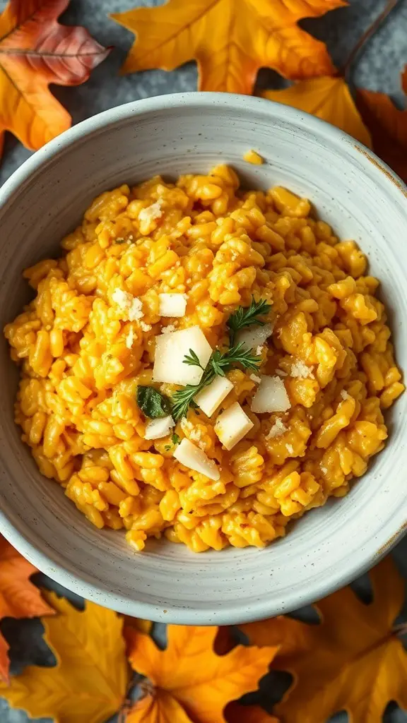 A bowl of creamy pumpkin risotto garnished with herbs, surrounded by autumn leaves.