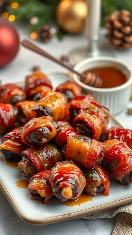 A platter of sweet and spicy bacon-wrapped dates drizzled with sauce.