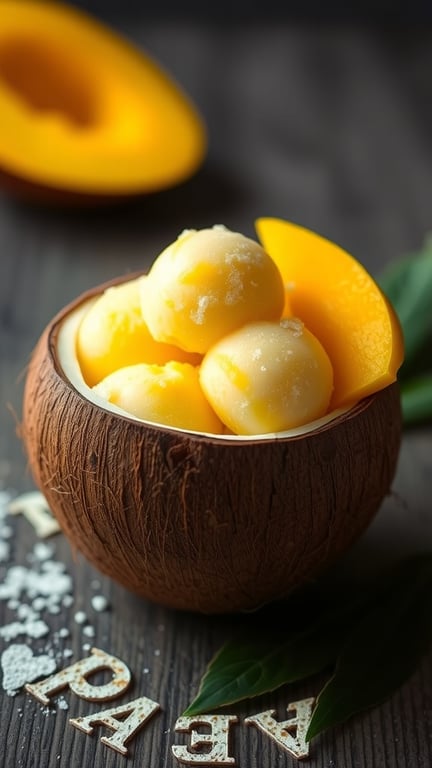 A coconut shell filled with mango sorbet and slices of mango, set on a wooden surface.