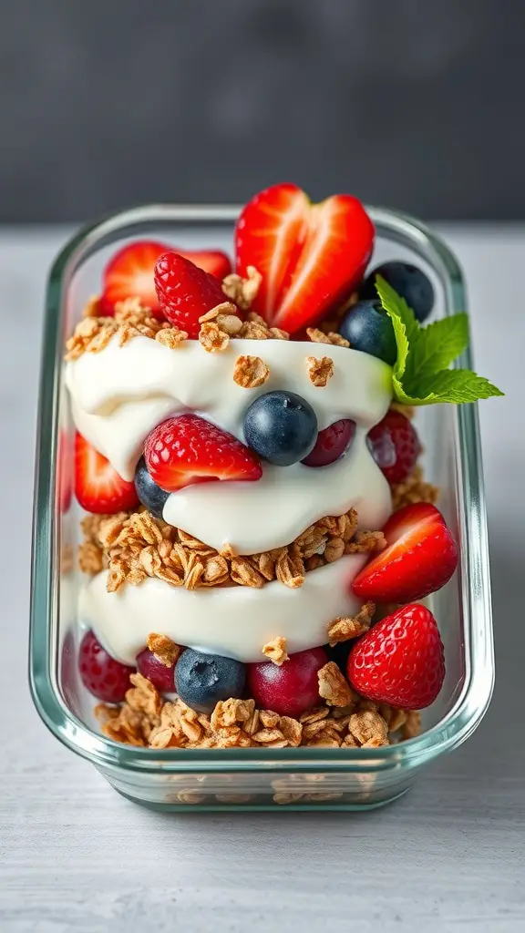 A delicious fruit and yogurt parfait with layers of yogurt, strawberries, blueberries, and granola in a glass container.