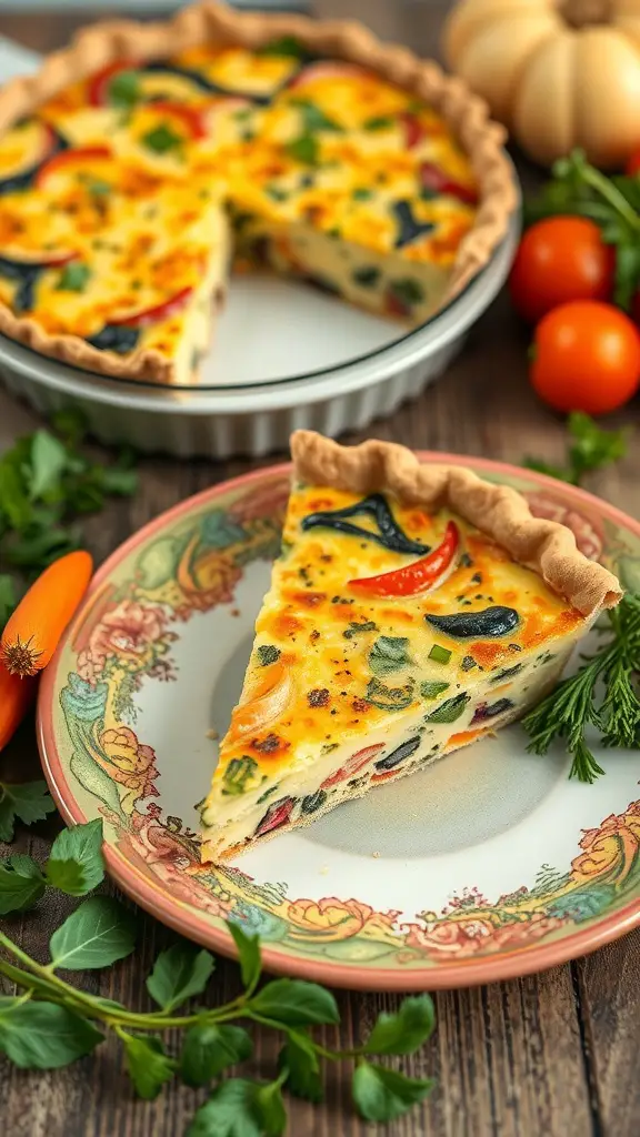 A slice of harvest vegetable quiche on a decorative plate, with the whole quiche in the background, surrounded by fresh vegetables.