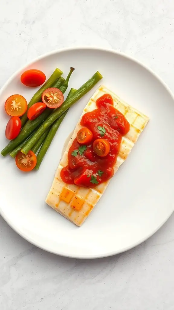 Grilled snapper fillet topped with roasted red pepper sauce, served with green beans and cherry tomatoes on a white plate.