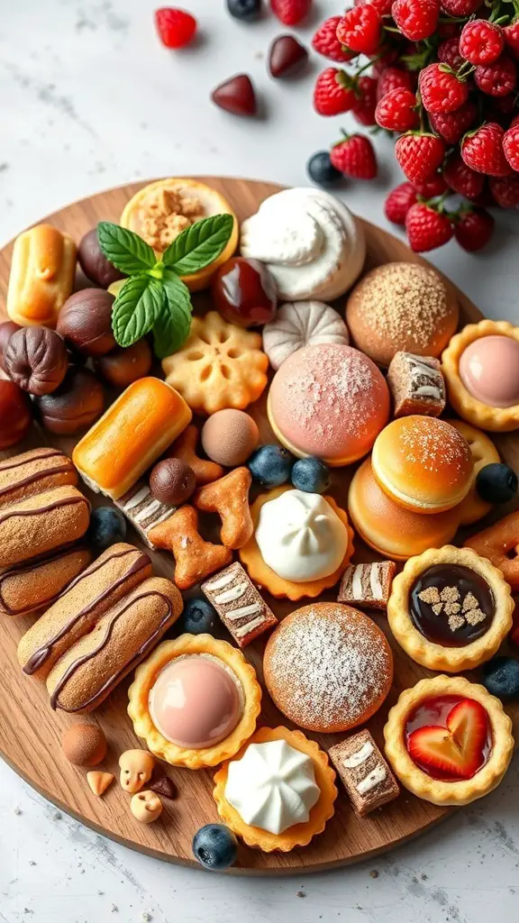 A beautifully arranged dessert charcuterie board featuring mini pastries, chocolates, and fresh berries.
