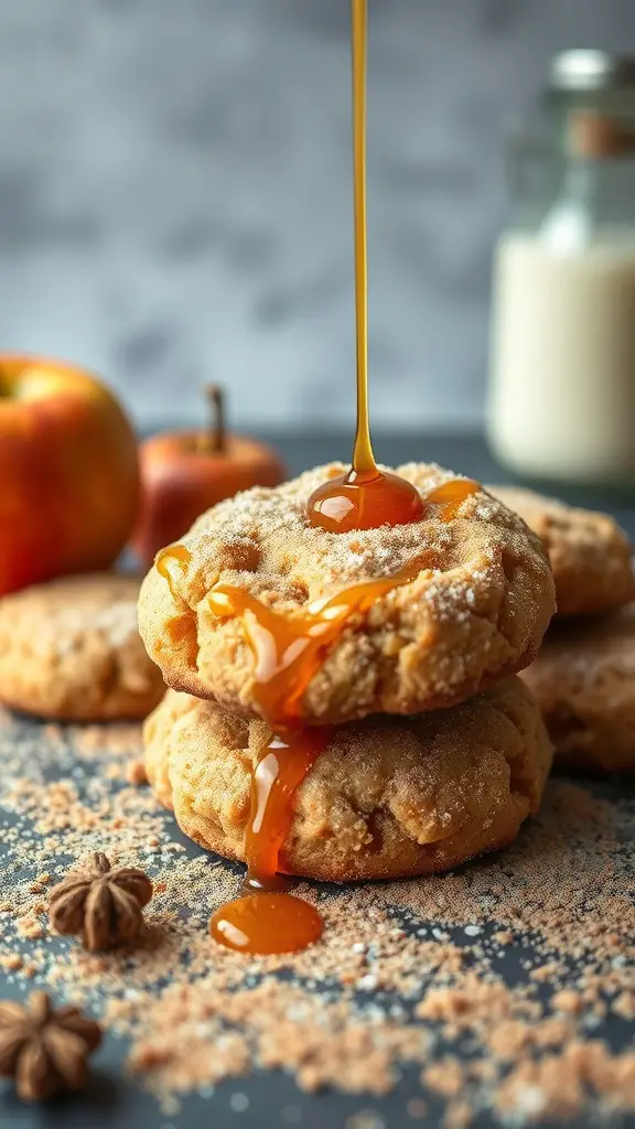 A stack of caramel apple snickerdoodles with caramel drizzling down, surrounded by apples and cinnamon.
