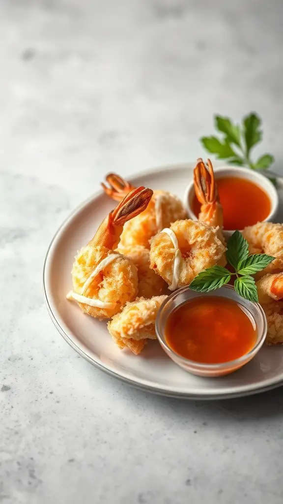 A plate of crispy coconut shrimp served with sweet chili sauce and garnished with fresh mint.