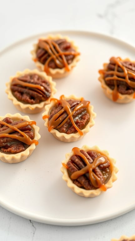 Mini pecan pie bites topped with caramel drizzle on a white plate.