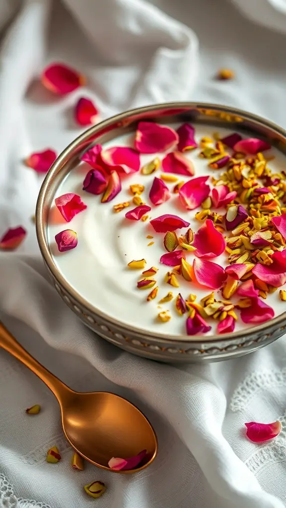 A bowl of yogurt topped with rose petals and pistachios on a white cloth.
