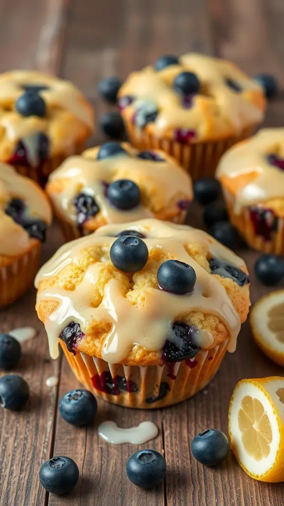 Lemon Blueberry Keto Muffins with a sweet glaze and fresh blueberries on top