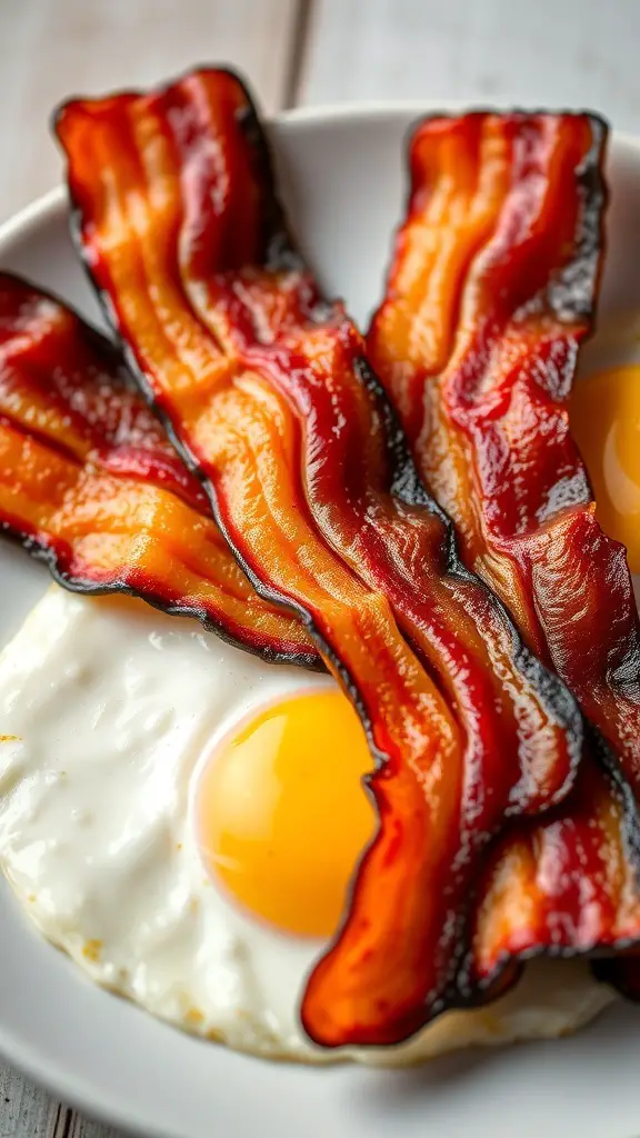 Crispy air fryer bacon served with sunny-side-up eggs on a plate.