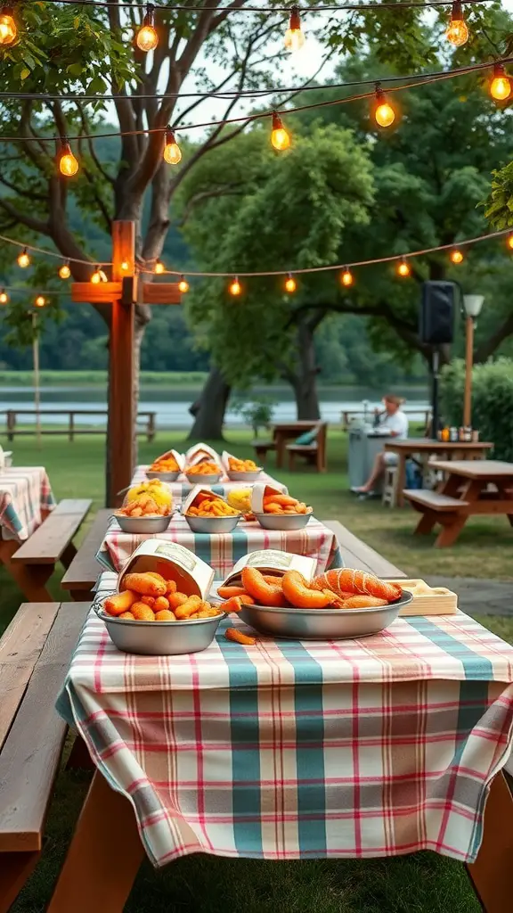 Outdoor seafood boil setup with tables, string lights, and bowls of food.