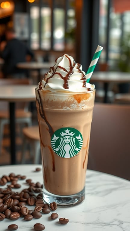 A Mocha Frappuccino topped with whipped cream and chocolate drizzle, served in a glass with a Starbucks logo.