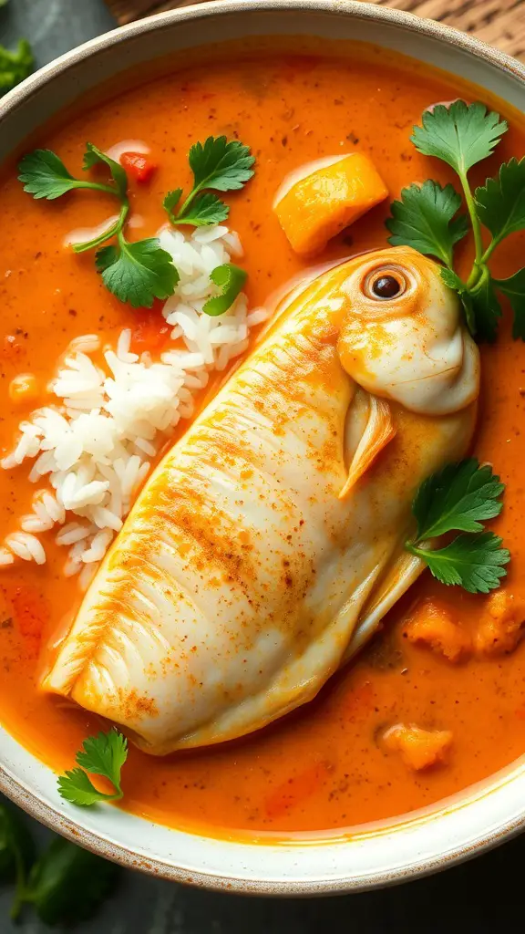 A bowl of snapper curry with coconut milk, featuring a whole snapper, rice, and fresh herbs.