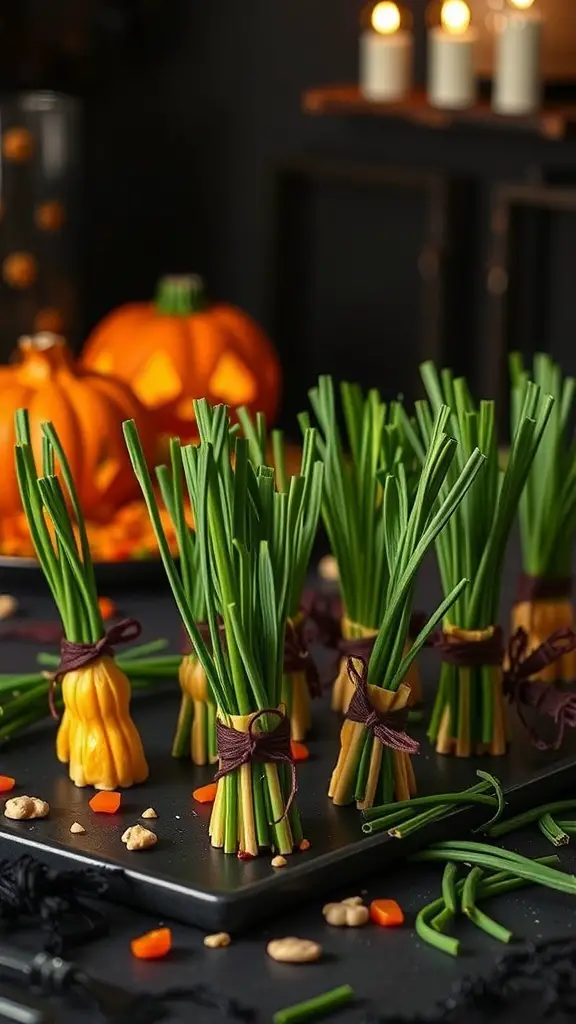 A platter of Witch's Broomstick Cheese Snacks made with cheese sticks and chives, perfect for Halloween.