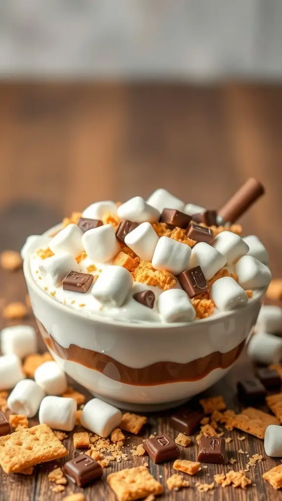 A delicious S'mores Yogurt Bowl topped with marshmallows, chocolate, and graham crackers.