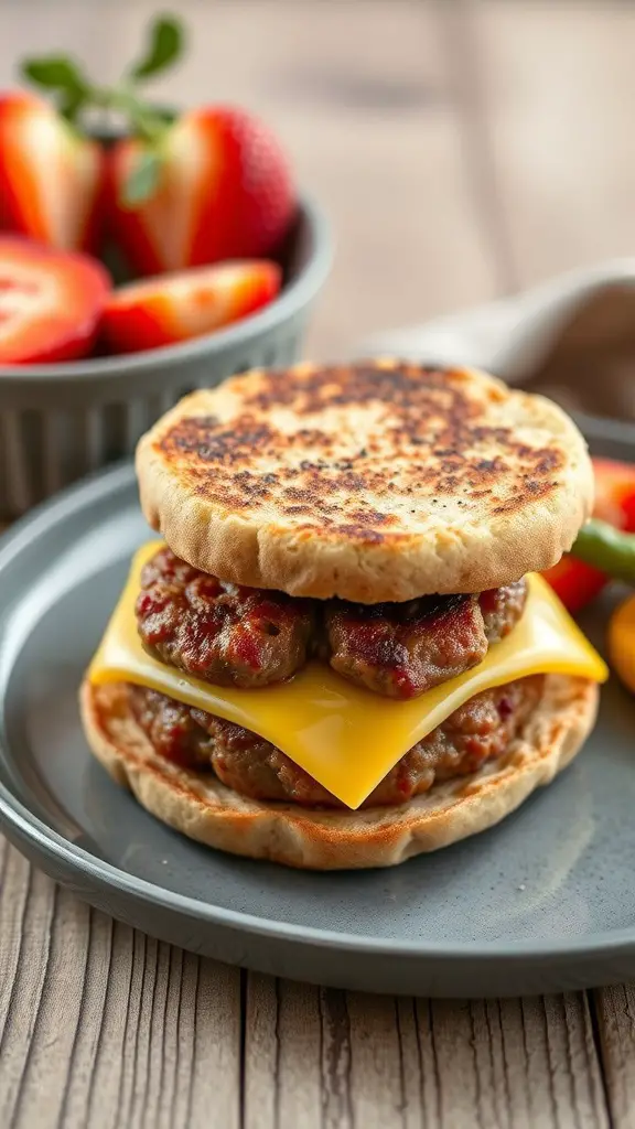 A breakfast sandwich made with sausage and cheese on an English muffin, served with fresh strawberries and tomatoes.