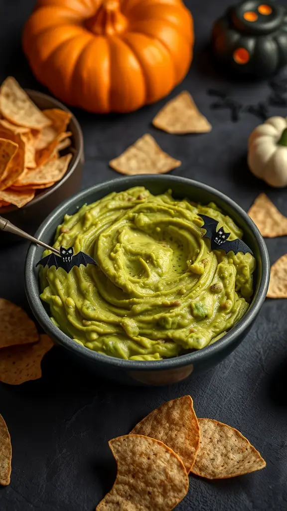 A bowl of guacamole with tortilla chips, a pumpkin in the background, and a bat-shaped spoon.