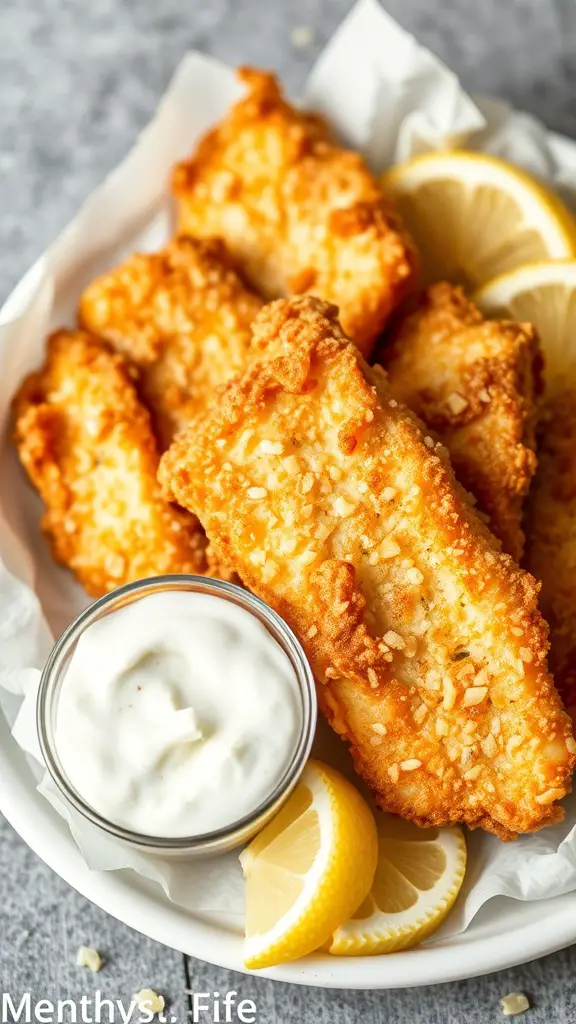 Crispy fried snapper fillets served with tartar sauce and lemon wedges