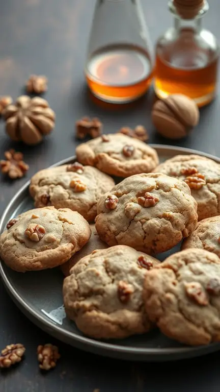 A plate of freshly baked maple walnut cookies with walnuts and syrup in the background.
